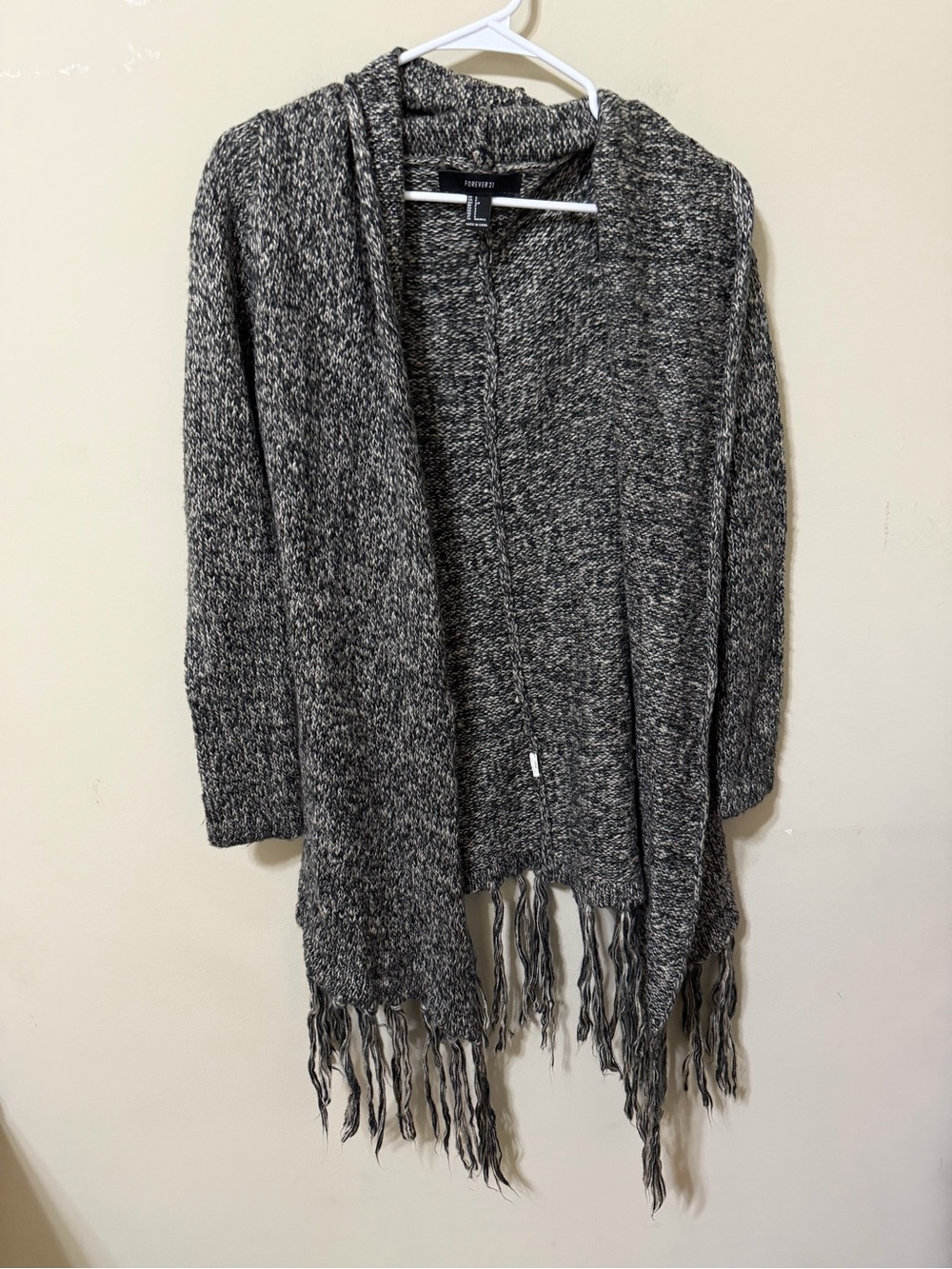 Forever 21 Gray Marled Open-Front Fringe Knit Sweater small y2k vintage retro